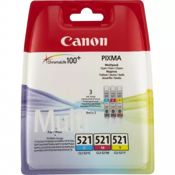 Multipack de tinteiros Canon CLI-521 C/M/Y, ciano, magenta, amarelo, tinta pigmentada, 3 unid.