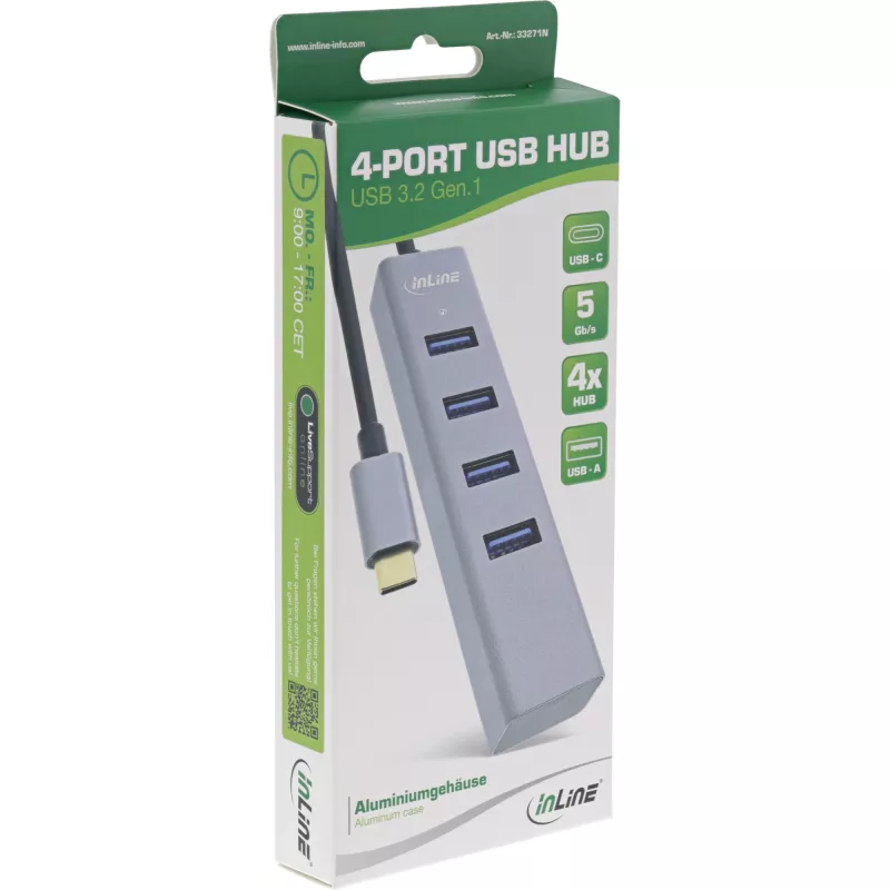 Hub múltiplo USB-C 3.2 InLine (4x USB-A 5 Gb/s), OTG, caixa de alumínio