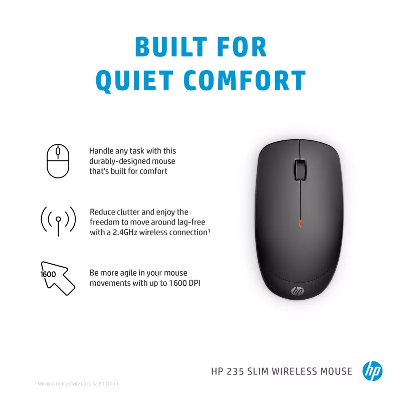 Rato sem fios HP 235 fino, ambidestro, ótico, RF Wireless, 1600 DPI, preto