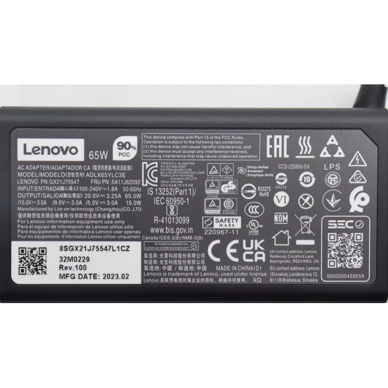 Fonte de alimentação Lenovo 65W carregador USB-C 5A11J62092 para portáteis e dispositivos USB-C