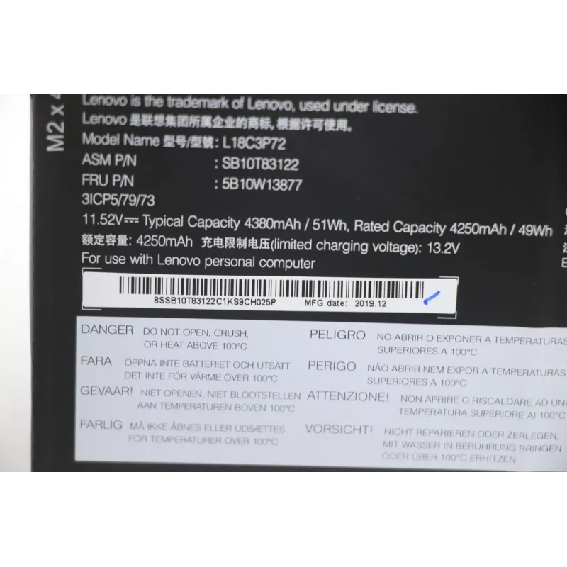 Bateria interna de iões de lítio para portátil Lenovo 50Wh 5B10W13877 modelos compatíveis