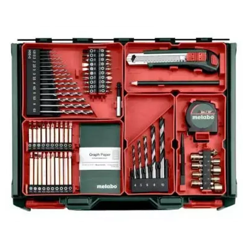Metabo BS 18 Set 602207710 berbequim aparafusador sem fios, 18 V, 2 baterias Li-Ion de 2,0 Ah, mala + 74 acessórios, verde/preto