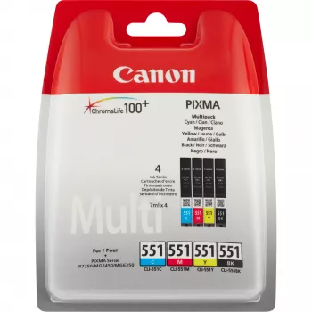Canon CLI-551 BK/C/M/Y cartuchos de tinta multipack, alcance padrão, preto, ciano, magenta, amarelo, 4 unid., multipack