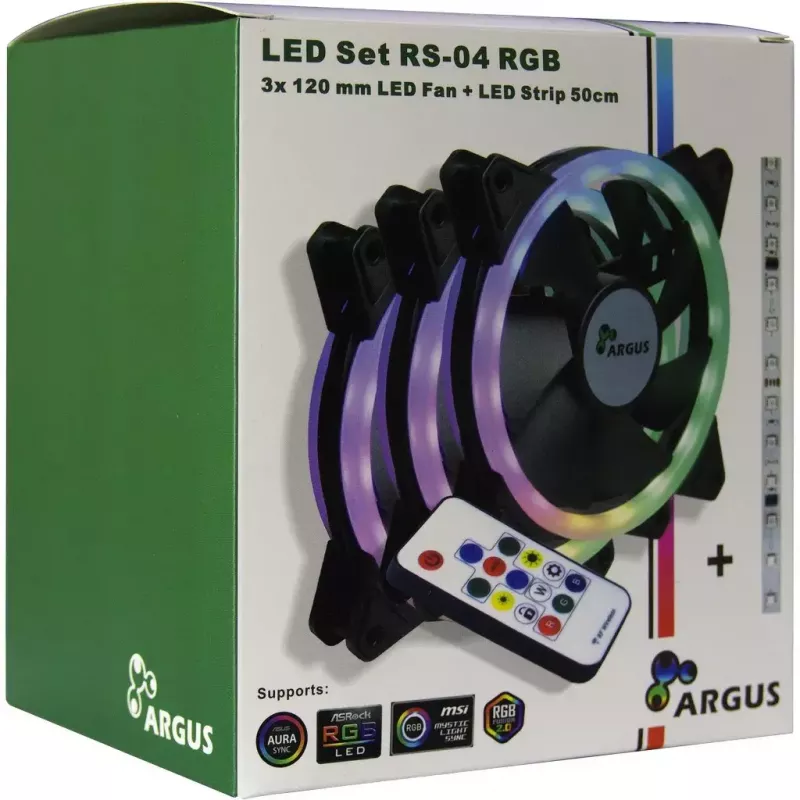 Inter-Tech Argus RS-04 conjunto de ventoinhas RGB, 3x 120 mm com fita LED de 50 cm e telecomando, preto
