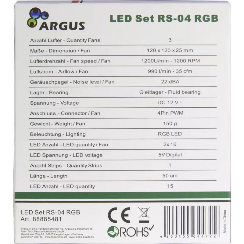 Inter-Tech Argus RS-04 conjunto de ventoinhas RGB, 3x 120 mm com fita LED de 50 cm e telecomando, preto