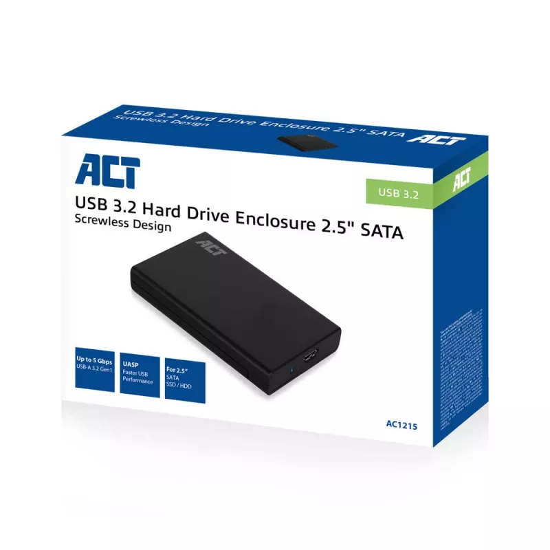 Caixa HDD/SSD ACT 2,5 polegadas SATA sem parafusos USB 3.2 Gen1