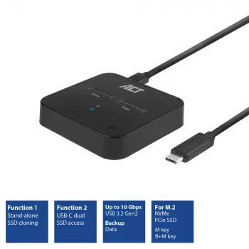 Estação de docking e clonagem ACT M.2 NVMe/PCIe dual-SSD, USB-C 3.2 Gen2
