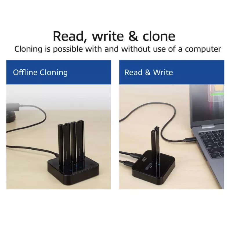 Estação de docking e clonagem ACT M.2 NVMe/PCIe dual-SSD, USB-C 3.2 Gen2