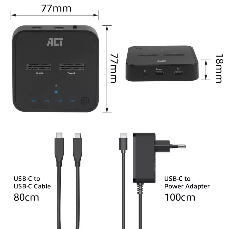Estação de docking e clonagem ACT M.2 NVMe/PCIe dual-SSD, USB-C 3.2 Gen2