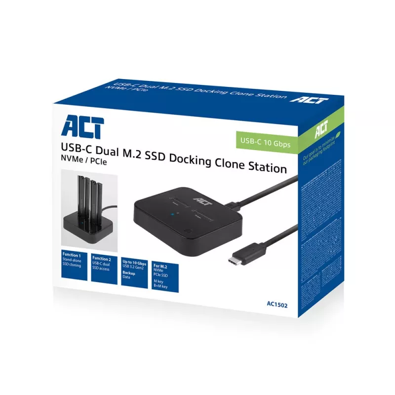 Estação de docking e clonagem ACT M.2 NVMe/PCIe dual-SSD, USB-C 3.2 Gen2