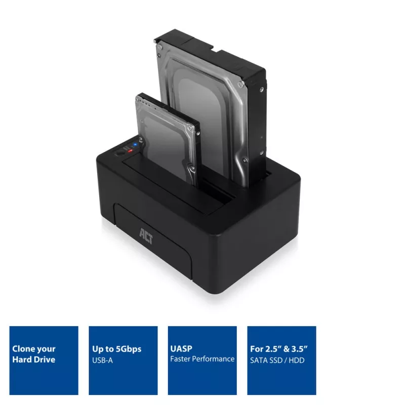 Docking station ACT 2,5 polegadas e 3,5 polegadas SATA dual-HDD/SSD, USB 3.2 Gen1