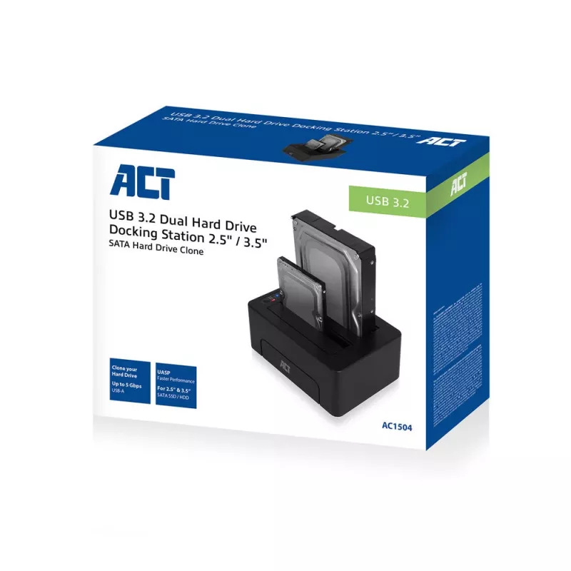 Docking station ACT 2,5 polegadas e 3,5 polegadas SATA dual-HDD/SSD, USB 3.2 Gen1