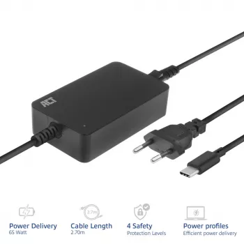 Carregador para portátil ACT USB-C com perfis Power Delivery 65 W, portátil, interior, 100–240 V, 50/60 Hz, 65 W, 5–20 V