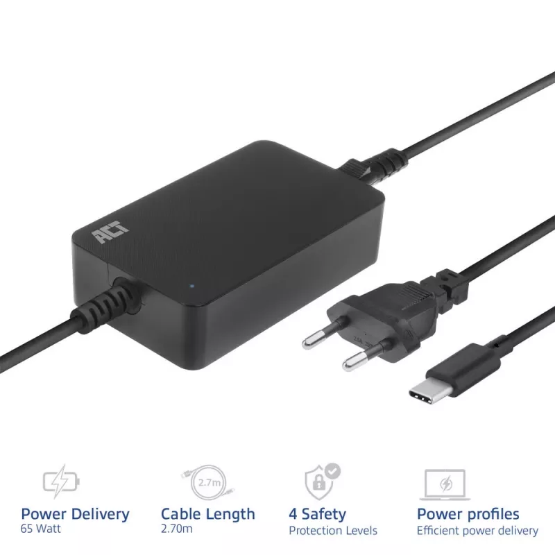 Carregador para portátil ACT USB-C com perfis Power Delivery 65 W, portátil, interior, 100–240 V, 50/60 Hz, 65 W, 5–20 V