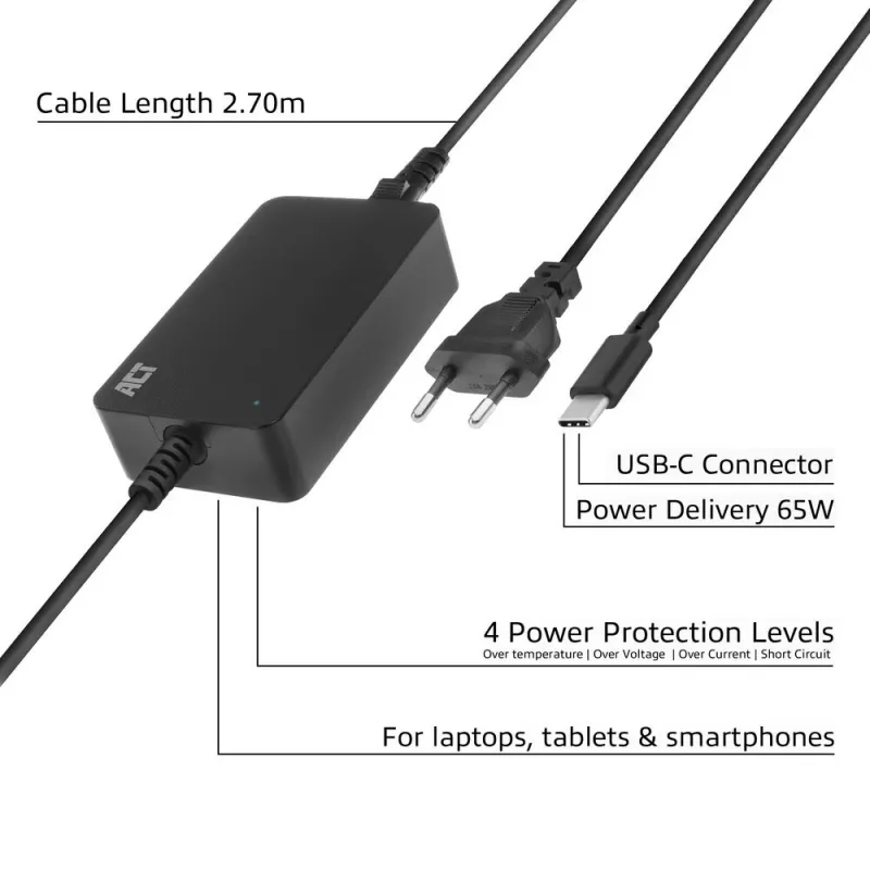 Carregador para portátil ACT USB-C com perfis Power Delivery 65 W, portátil, interior, 100–240 V, 50/60 Hz, 65 W, 5–20 V