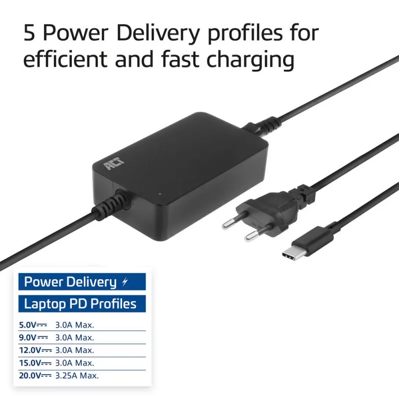 Carregador para portátil ACT USB-C com perfis Power Delivery 65 W, portátil, interior, 100–240 V, 50/60 Hz, 65 W, 5–20 V
