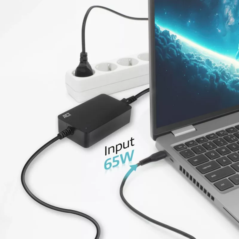 Carregador para portátil ACT USB-C com perfis Power Delivery 65 W, portátil, interior, 100–240 V, 50/60 Hz, 65 W, 5–20 V