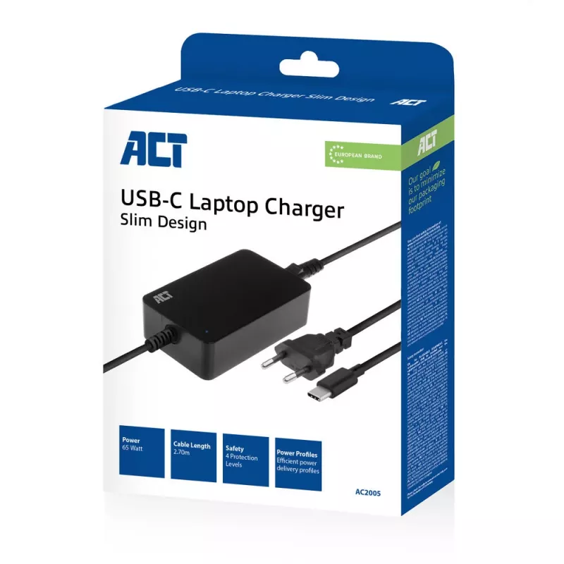 Carregador para portátil ACT USB-C com perfis Power Delivery 65 W, portátil, interior, 100–240 V, 50/60 Hz, 65 W, 5–20 V