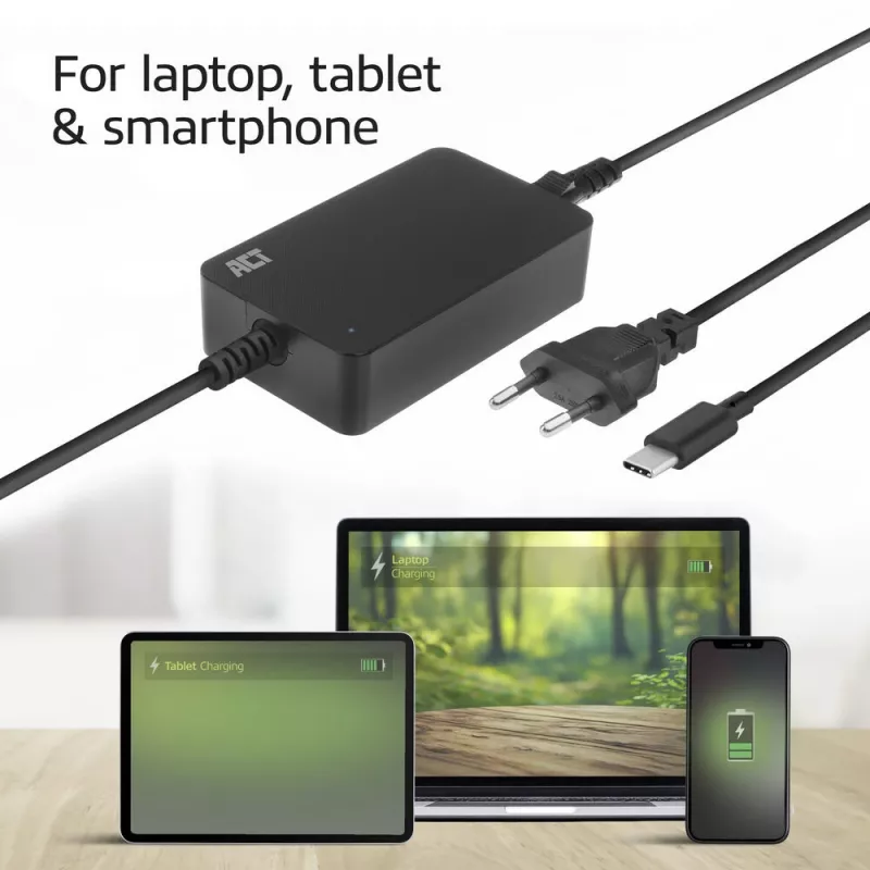 Carregador para portátil ACT USB-C com perfis Power Delivery 65 W, portátil, interior, 100–240 V, 50/60 Hz, 65 W, 5–20 V