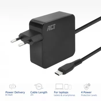 Fonte de alimentação para portátil ACT USB-C 65W com perfis Power Delivery, 2 metros