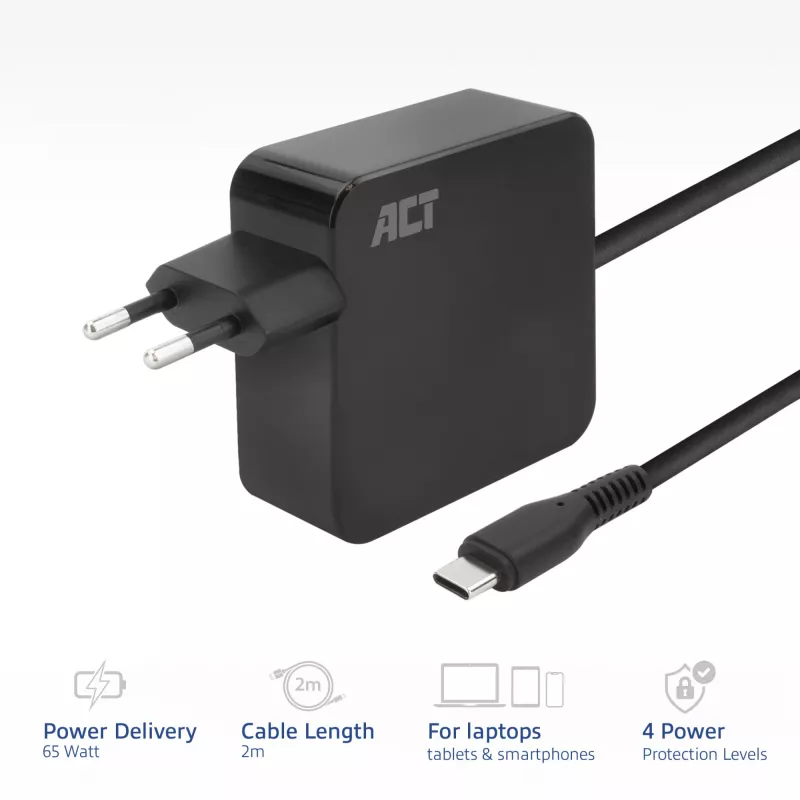 Fonte de alimentação para portátil ACT USB-C 65W com perfis Power Delivery, 2 metros