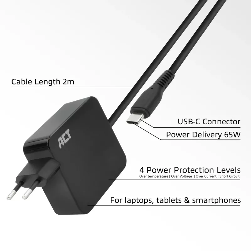 Fonte de alimentação para portátil ACT USB-C 65W com perfis Power Delivery, 2 metros