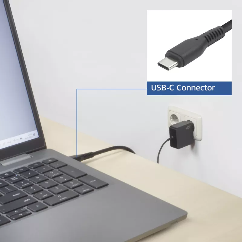 Fonte de alimentação para portátil ACT USB-C 65W com perfis Power Delivery, 2 metros