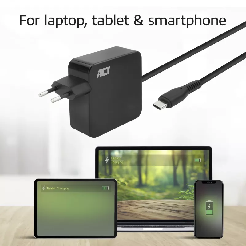 Fonte de alimentação para portátil ACT USB-C 65W com perfis Power Delivery, 2 metros