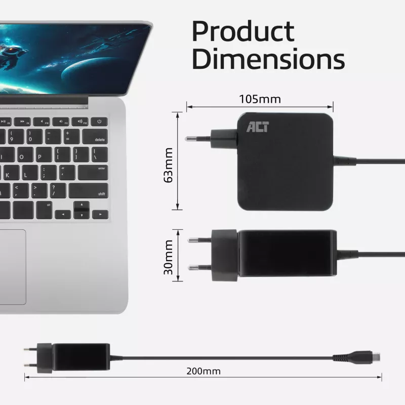 Fonte de alimentação para portátil ACT USB-C 65W com perfis Power Delivery, 2 metros