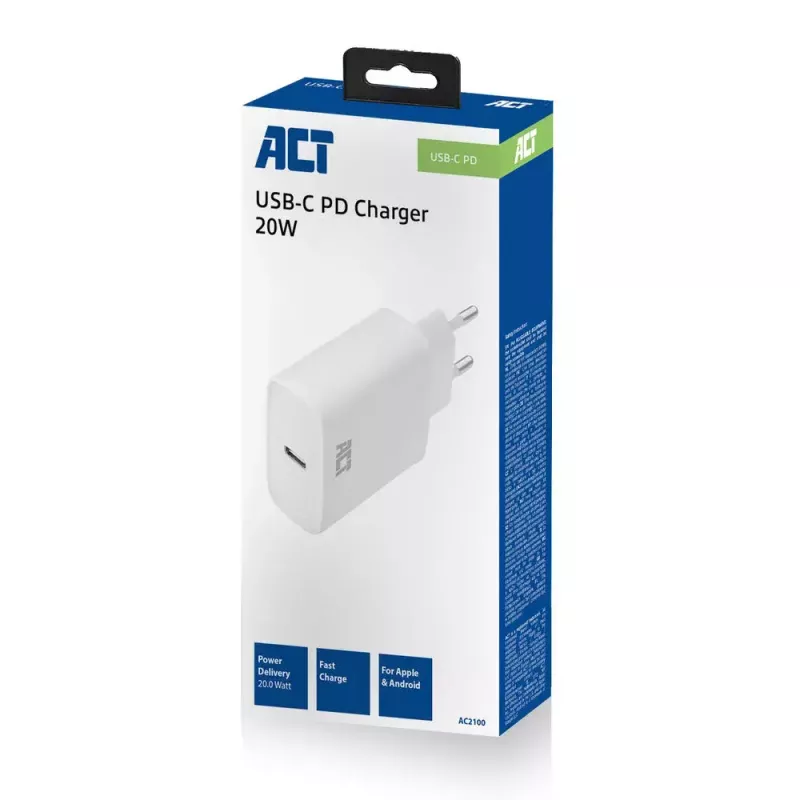 Carregador compacto ACT USB-C 20W carregamento rápido interior universal branco