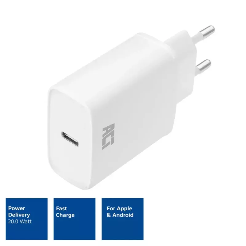 Carregador compacto ACT USB-C 20W carregamento rápido interior universal branco
