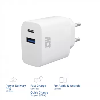 Carregador ACT USB-C e USB-A 20 W com Power Delivery PPS, Quick Charge, GaNFast