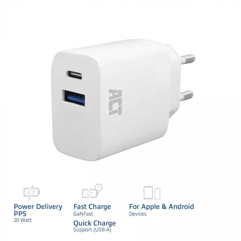 Carregador ACT USB-C e USB-A 20 W com Power Delivery PPS, Quick Charge, GaNFast