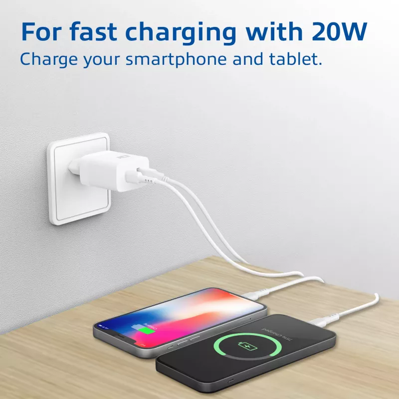 Carregador ACT USB-C e USB-A 20 W com Power Delivery PPS, Quick Charge, GaNFast
