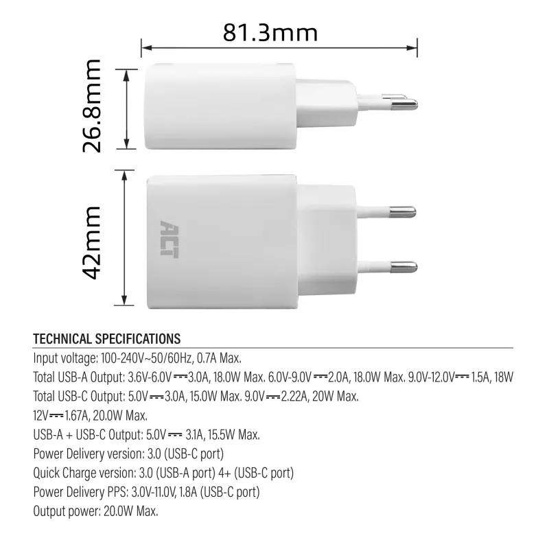 Carregador ACT USB-C e USB-A 20 W com Power Delivery PPS, Quick Charge, GaNFast