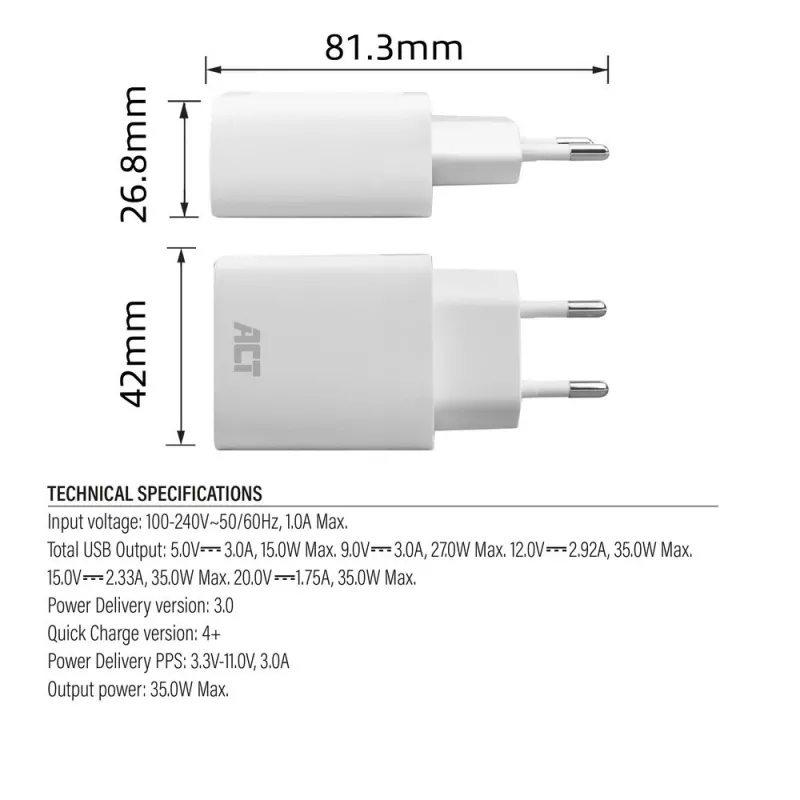 Carregador USB-C ACT 35W Power Delivery PPS GaNFast universal