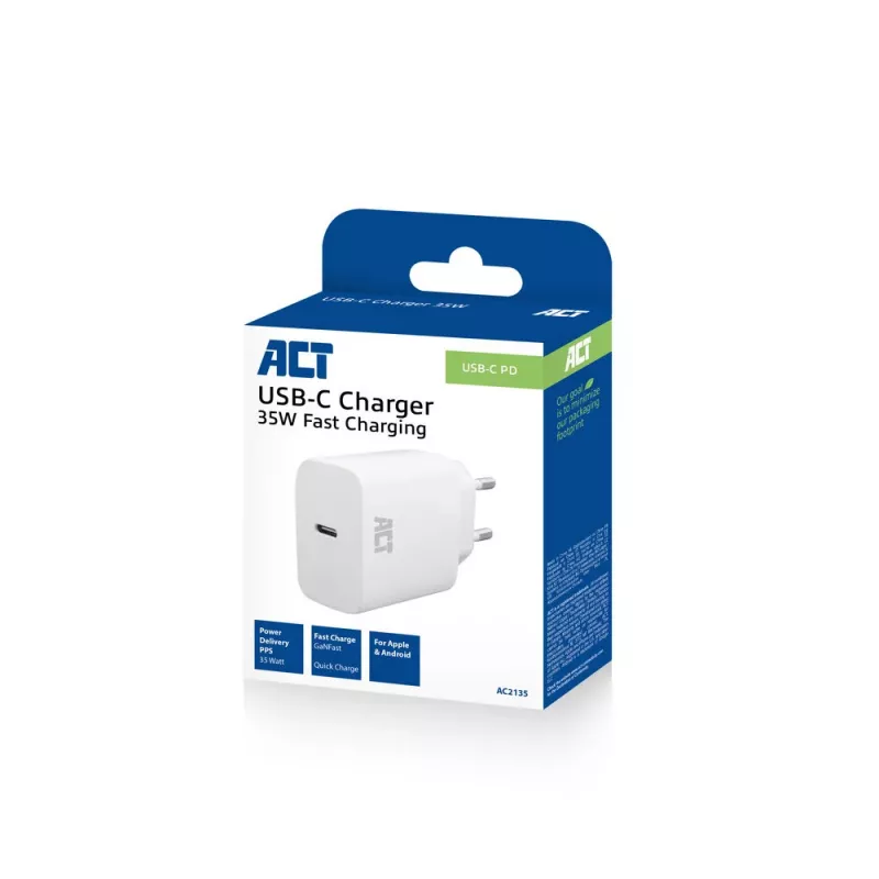 Carregador USB-C ACT 35W Power Delivery PPS GaNFast universal