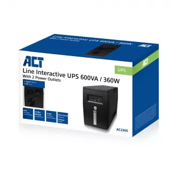 UPS ACT Line Interactive 600 VA – 360 W com AVR, Line-Interactive, 0,6 kVA, 360 W, 240 V, sobrecarga, descarga profunda, sobrecarga, curto-circuito, conector fêmea C13, Type F