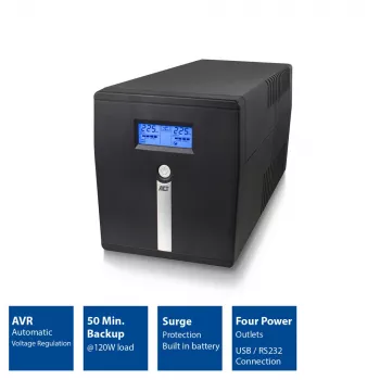 UPS ACT Line Interactive 1000VA - 600W com AVR, ecrã LCD