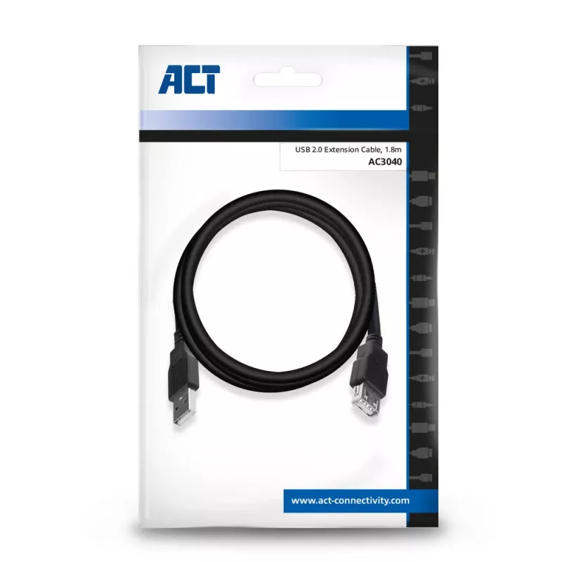 Cabo de extensão ACT USB 2.0 macho A - fêmea A 1,8 metros, saco zip
