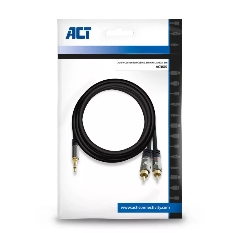 Cabo de ligação de áudio ACT de 5 metros de alta qualidade 1x ficha jack 3,5 mm – 2x ficha RCA