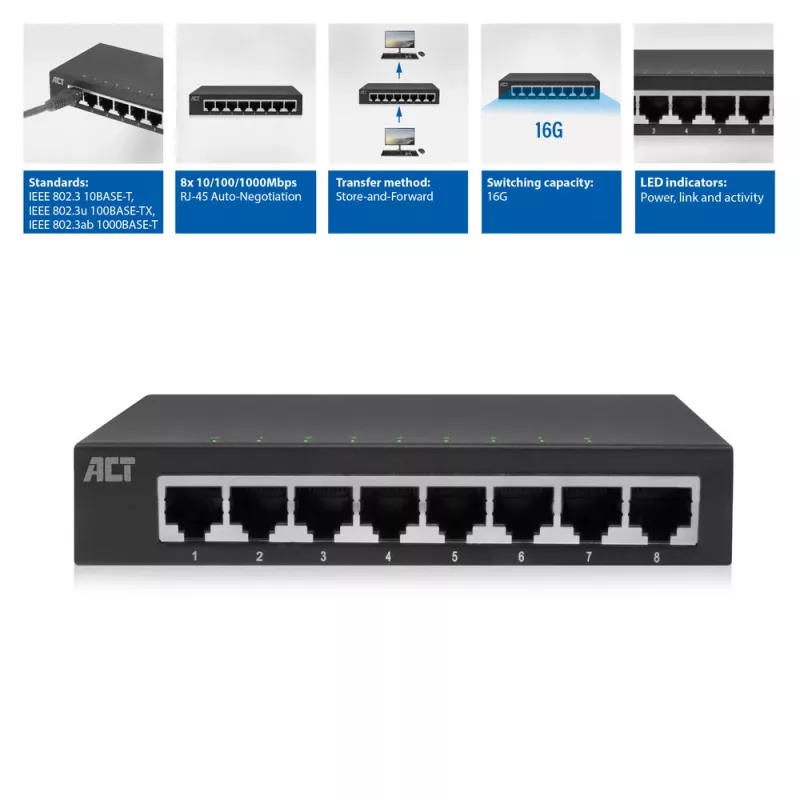 Switch não gerido ACT AC4418 8 portas Gigabit Ethernet 10/100/1000