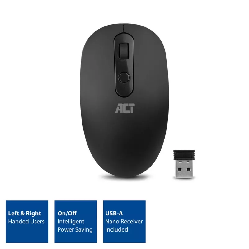 Rato sem fios ACT 1200 DPI, ambidestro, RF Wireless, 1200 DPI, preto