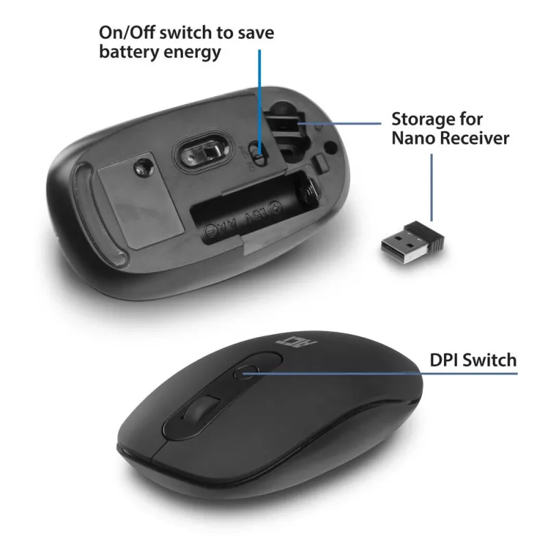 Rato sem fios ACT 1200 DPI, ambidestro, RF Wireless, 1200 DPI, preto