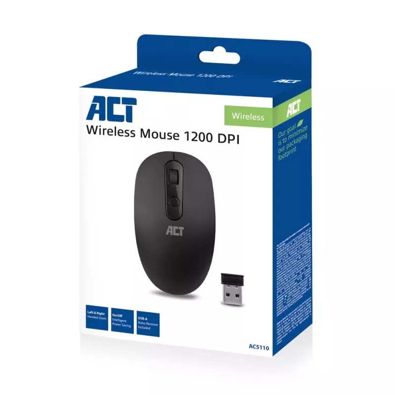 Rato sem fios ACT 1200 DPI, ambidestro, RF Wireless, 1200 DPI, preto