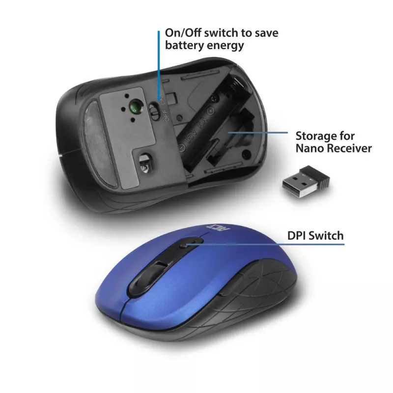 ACT AC5140 rato sem fios ambidestro, 1600 DPI, RF Wireless, azul/preto