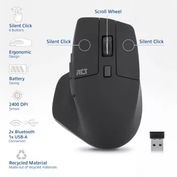 Rato ACT Wireless Multi-Connect Bluetooth ou recetor USB-A, 2400 DPI com Silent Click, ecológico