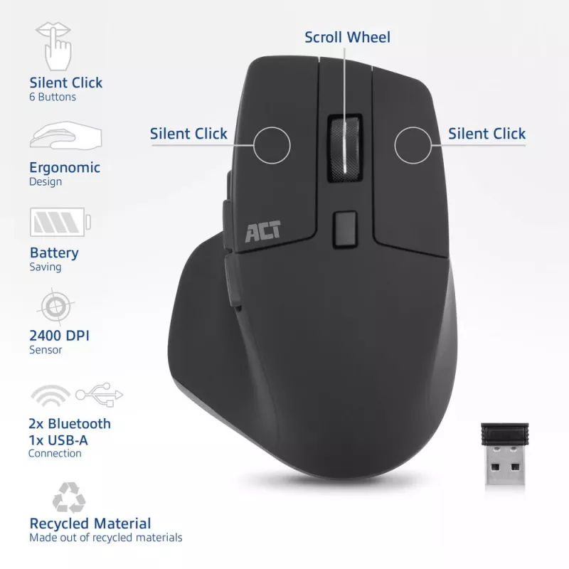 Rato ACT Wireless Multi-Connect Bluetooth ou recetor USB-A, 2400 DPI com Silent Click, ecológico