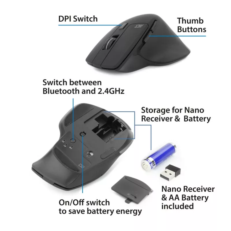 Rato ACT Wireless Multi-Connect Bluetooth ou recetor USB-A, 2400 DPI com Silent Click, ecológico