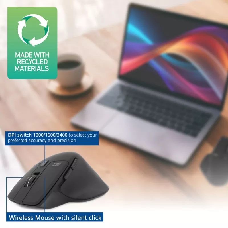 Rato ACT Wireless Multi-Connect Bluetooth ou recetor USB-A, 2400 DPI com Silent Click, ecológico